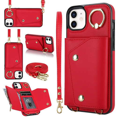 iPhone 12 / 12 Pro Zipper Card Bag Phone Case with Dual Lanyard - Red