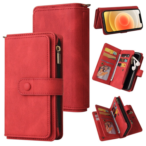 iPhone 12 / 12 Pro Skin Feel PU + TPU Horizontal Flip Leather Case with Holder & 15 Cards Slot & Wallet & Zipper Pocket & Lanyard - Red