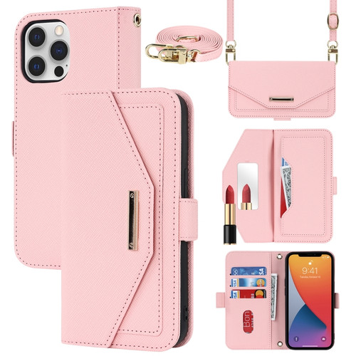 iPhone 12 / 12 Pro Cross Texture Lanyard Leather Phone Case - Pink