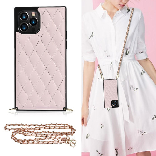 iPhone 12 / 12 Pro Elegant Rhombic Pattern Microfiber Leather +TPU Shockproof Case with Crossbody Strap Chain - Pink