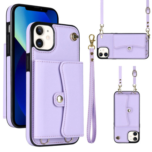 iPhone 12 RFID Card Slot Phone Case with Long Lanyard - Purple