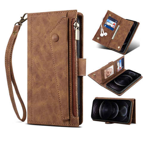 iPhone 12 Pro Retro Frosted Horizontal Flip Leather Case with Holder & Card Slot & Wallet & Zipper Pocket & Lanyard - Brown