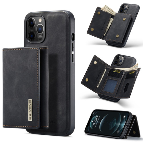 iPhone 12 / 12 Pro DG.MING M1 Series 3-Fold Multi Card Wallet + Magnetic Back Cover Shockproof Case with Holder Function - Black