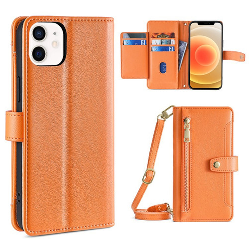 iPhone 12 / 12 Pro Sheep Texture Cross-body Zipper Wallet Leather Phone Case - Orange