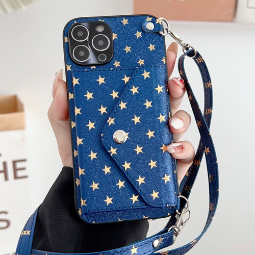 iPhone 12 Pro Star Pattern Phone Case With Card Bag and Lanyard - Blue