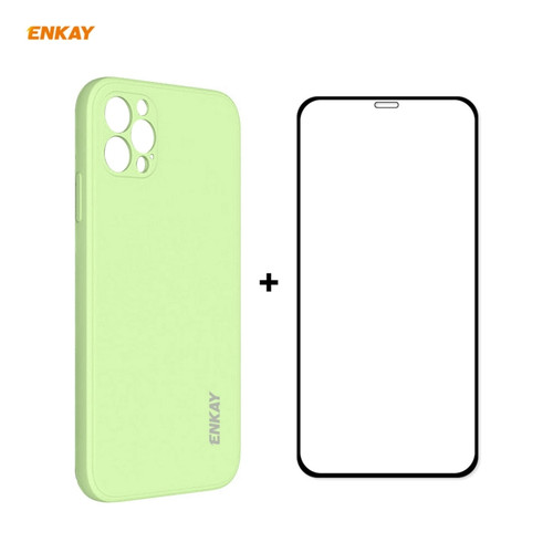 iPhone 12 Pro Hat-Prince ENKAY ENK-PC0692 Liquid Silicone Straight Edge Shockproof Case + 0.26mm 9H 2.5D Full Glue Tempered Glass Film - Light Green