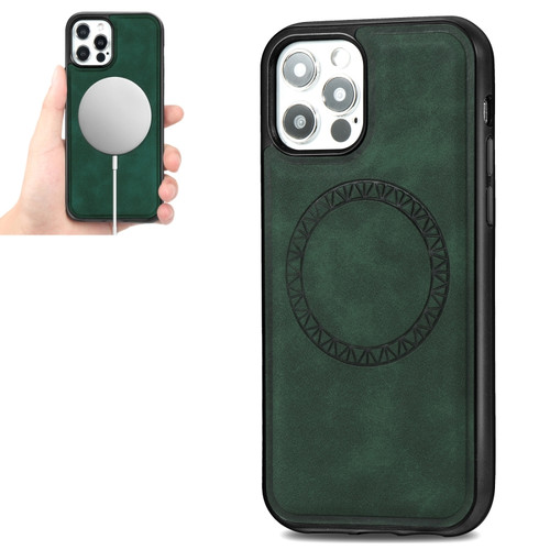 iPhone 12 / 12 Pro Retro Business Round Embossing Magnetic PU + TPU Protective MagSafe Case - Green