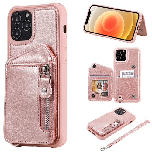 iPhone 12 / 12 Pro Zipper Double Buckle Shockproof Protective Case with Stand & Photo Holder & Wallet Function - Rose Gold