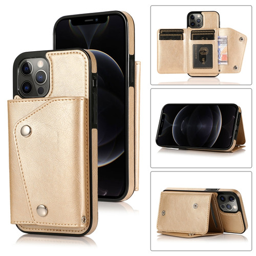 iPhone 12 / 12 Pro Shockproof PU + TPU Leather Case with Card Slots & Holder & Photo Frame & Wallet & Lanyard - Gold