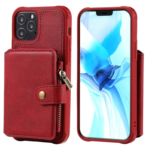 iPhone 12 / 12 Pro Zipper Shockproof Protective Case with Card Slots & Bracket & Photo Holder & Wallet Function - Red