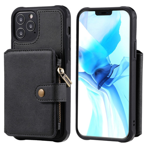 iPhone 12 / 12 Pro Zipper Shockproof Protective Case with Card Slots & Bracket & Photo Holder & Wallet Function - Black