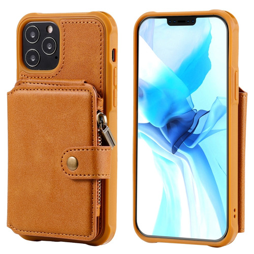 iPhone 12 / 12 Pro Zipper Shockproof Protective Case with Card Slots & Bracket & Photo Holder & Wallet Function - Brown