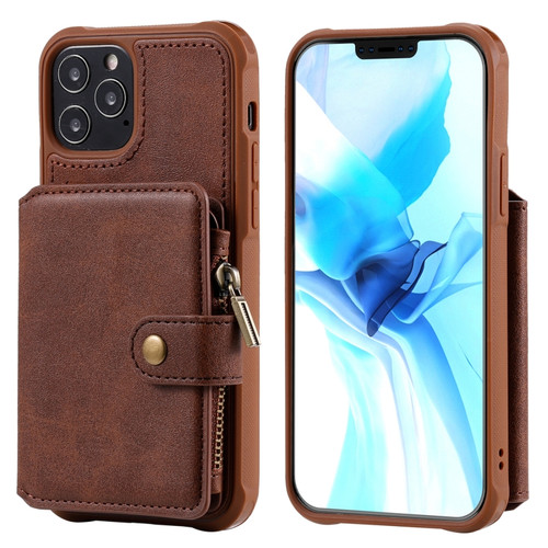 iPhone 12 / 12 Pro Zipper Shockproof Protective Case with Card Slots & Bracket & Photo Holder & Wallet Function - Coffee