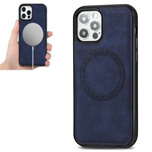 iPhone 12 / 12 Pro Retro Business Round Embossing Magnetic PU + TPU Protective MagSafe Case - Blue