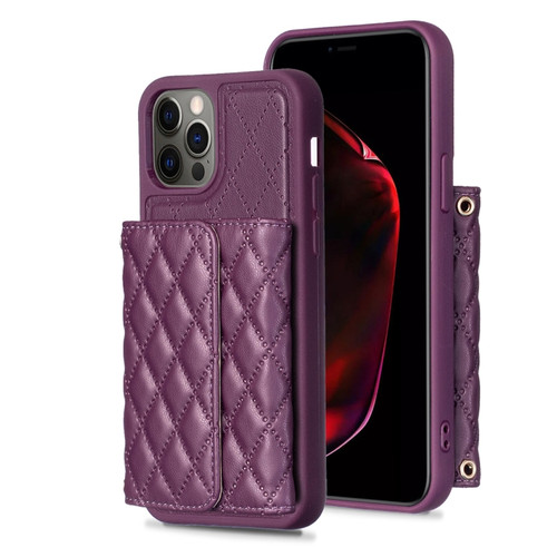 iPhone 12 / 12 Pro Horizontal Wallet Rhombic Leather Phone Case - Dark Purple