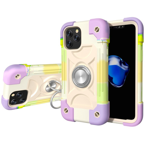 iPhone 12 / 12 Pro Shockproof Silicone + PC Protective Case with Dual-Ring Holder - Colorful Beige