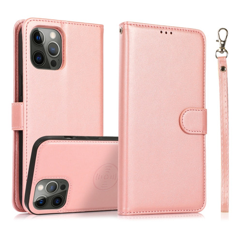 iPhone 12 / 12 Pro Calf Texture 2 in 1 Detachable Magnetic Back Cover Horizontal Flip Leather Case with Holder & Card Slots & Wallet & Photo Frame - Rose Gold