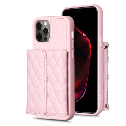 iPhone 12 / 12 Pro Horizontal Wallet Rhombic Leather Phone Case - Pink