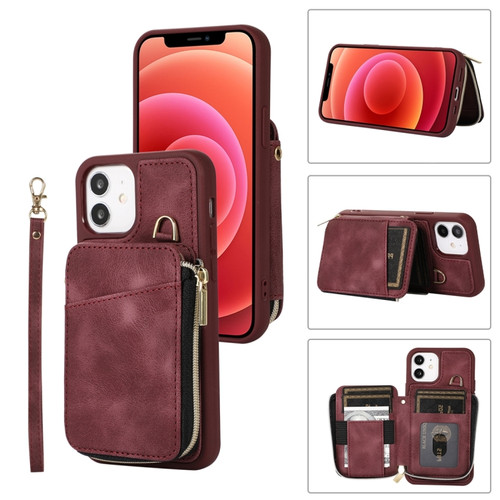 iPhone 12 Zipper Card Bag Back Cover Phone Case - Wine Red