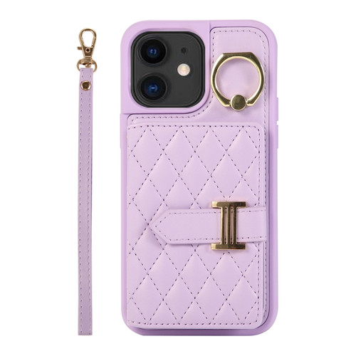 iPhone 12 Horizontal Card Bag Ring Holder Phone Case with Dual Lanyard - Purple