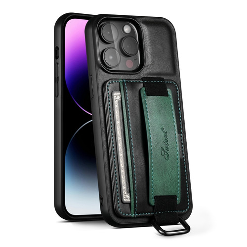 iPhone 12 / 12 Pro Suteni H13 Card Wallet Wrist Strap Holder PU Phone Case - Black