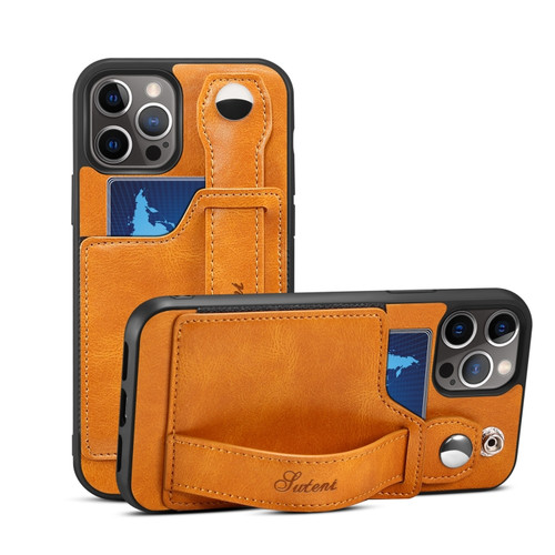 iPhone 12 Pro Suteni 215 Wrist Strap PU Phone Case - Khaki