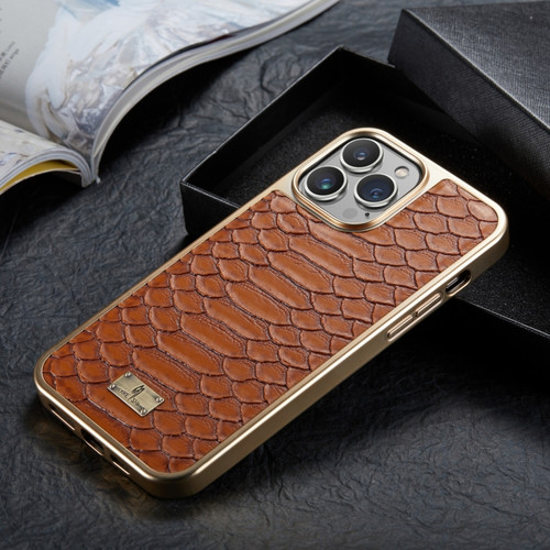 iPhone 12 / 12 Pro Fierre Shann Python Texture Electroplating PU Phone Case - Brown