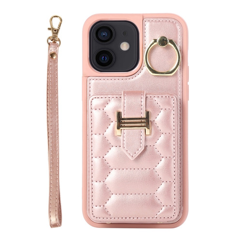 iPhone 12 Vertical Card Bag Ring Holder Phone Case with Dual Lanyard - Rose Gold