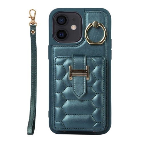iPhone 12 Vertical Card Bag Ring Holder Phone Case with Dual Lanyard - Dark Green