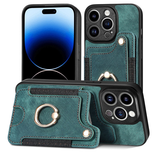 iPhone 12 Retro Skin-feel Ring Multi-card Wallet Phone Case - Green
