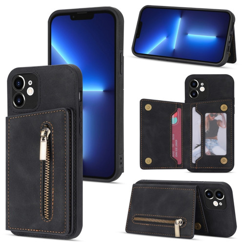 iPhone 12 Zipper Card Holder Phone Case - Black