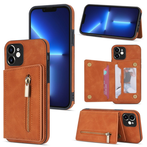 iPhone 12 Zipper Card Holder Phone Case - Brown