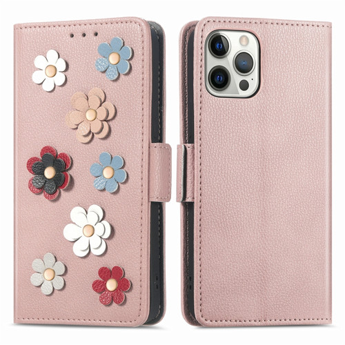 Stereoscopic Flowers Leather Phone Case iPhone 12 / 12 Pro - Pink