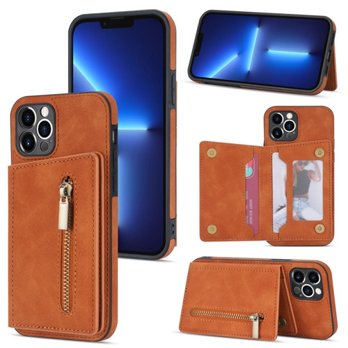 iPhone 12 Pro Zipper Card Holder Phone Case - Brown