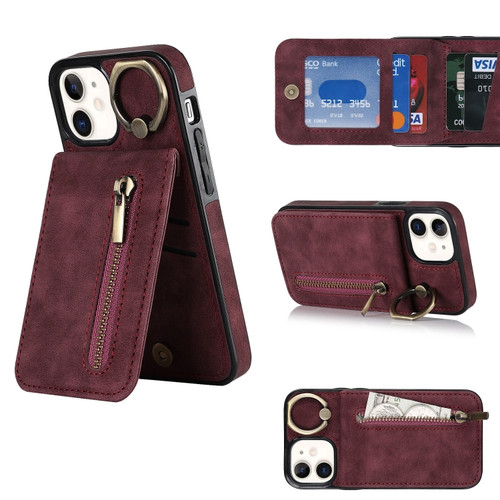 iPhone 12 Retro Ring and Zipper RFID Card Slot Phone Case - Wine Red