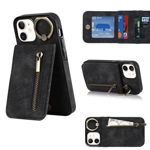 iPhone 12 Retro Ring and Zipper RFID Card Slot Phone Case - Black