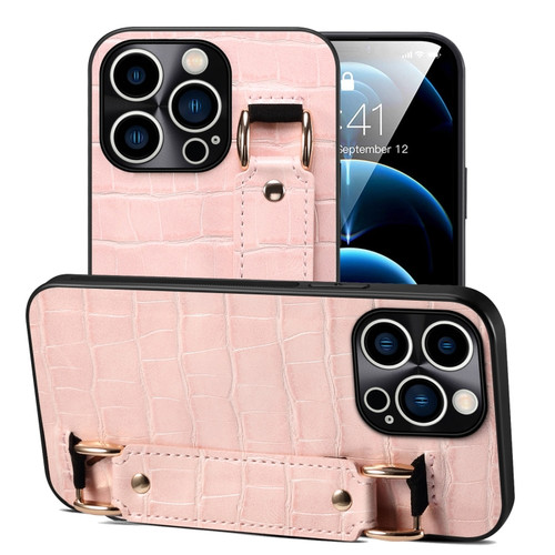 iPhone 12 Pro Crocodile Wristband Wallet Leather Back Cover Phone Case - Pink
