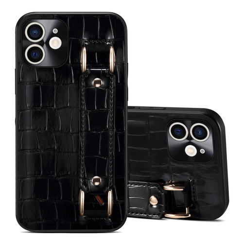 iPhone 12 Crocodile Wristband Wallet Leather Back Cover Phone Case - Black