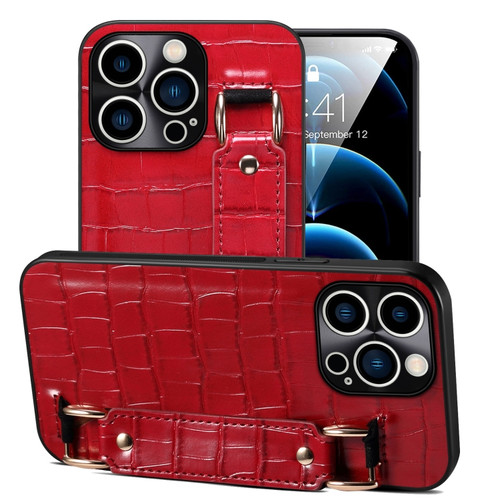 iPhone 12 Pro Crocodile Wristband Wallet Leather Back Cover Phone Case - Red