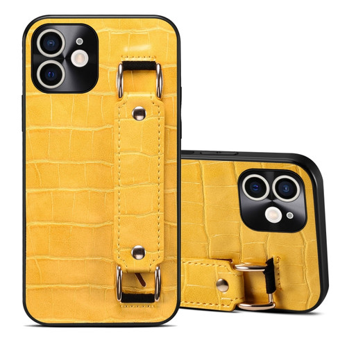 iPhone 12 Crocodile Wristband Wallet Leather Back Cover Phone Case - Yellow