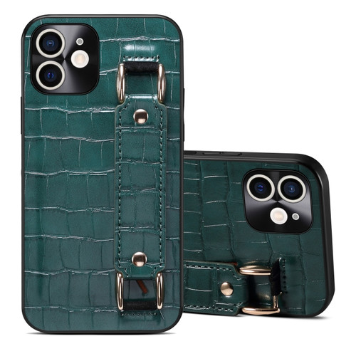 iPhone 12 Crocodile Wristband Wallet Leather Back Cover Phone Case - Dark Green