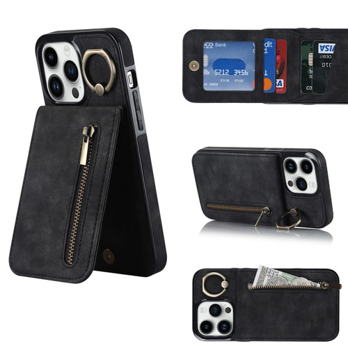iPhone 12 Pro Retro Ring and Zipper RFID Card Slot Phone Case - Black