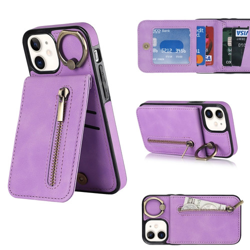 iPhone 12 Retro Ring and Zipper RFID Card Slot Phone Case - Purple