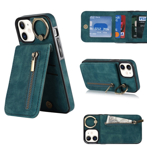 iPhone 12 Retro Ring and Zipper RFID Card Slot Phone Case - Blue