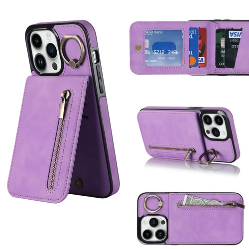 iPhone 12 Pro Retro Ring and Zipper RFID Card Slot Phone Case - Purple
