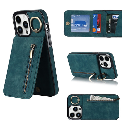 iPhone 12 Pro Retro Ring and Zipper RFID Card Slot Phone Case - Blue