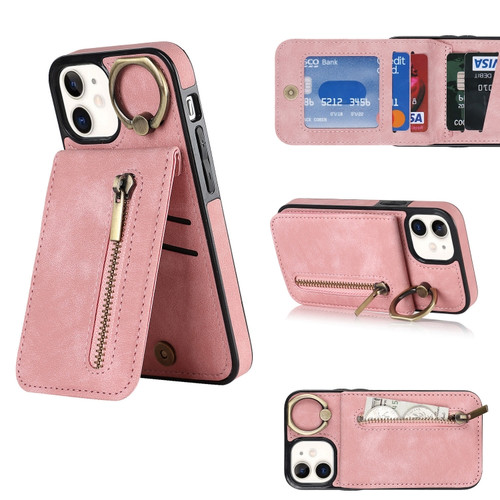 iPhone 12 Retro Ring and Zipper RFID Card Slot Phone Case - Pink