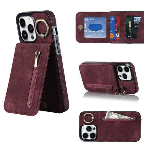 iPhone 12 Pro Retro Ring and Zipper RFID Card Slot Phone Case - Wine Red