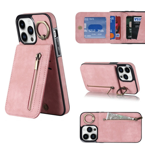 iPhone 12 Pro Retro Ring and Zipper RFID Card Slot Phone Case - Pink