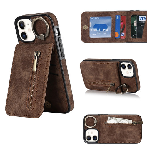 iPhone 12 Retro Ring and Zipper RFID Card Slot Phone Case - Brown